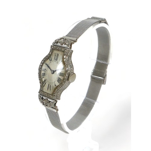 137 - An Art Deco diamond and platinum lady's cocktail watch, on a later 9ct white gold mesh strap, manual... 