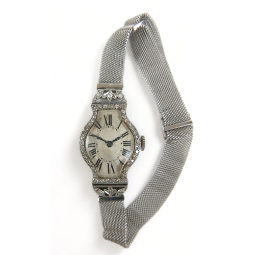 137 - An Art Deco diamond and platinum lady's cocktail watch, on a later 9ct white gold mesh strap, manual... 