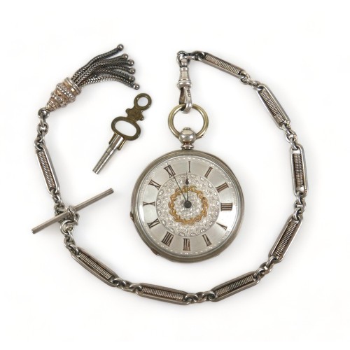 110 - A fine silver key wind pocket watch on a diver watch chain, 38mm case, 29cm chain hallmarked Birming... 