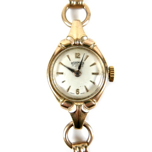 125 - A 9ct gold lady's Roamer 17 Jewels cocktail watch, 9ct gold case and bracelet, part Arabic dial with... 