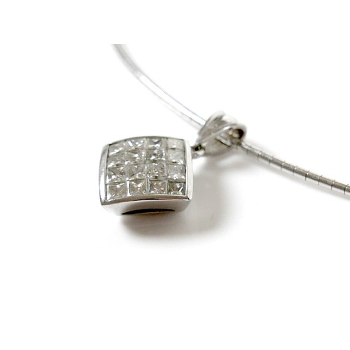 327 - An 18ct white gold pendant necklace, the rhombus shaped pendant set with twenty four princess cut di... 