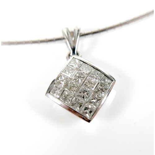 327 - An 18ct white gold pendant necklace, the rhombus shaped pendant set with twenty four princess cut di... 