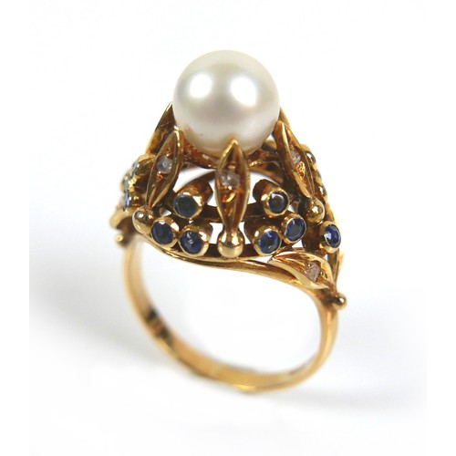 315 - An 18ct yellow gold dress ring, set with centrally with a pearl, 8mm, clasped by six slender leaves ... 