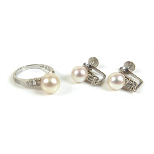 312 - A 14ct white gold, diamond and pearl ring, size L/M, and a pair of near matching earrings, pearls 9 ... 