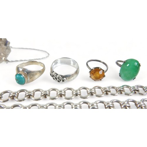 209 - A silver charm bracelet, two silver bangles and other assorted silver and white metal jewellery tota... 