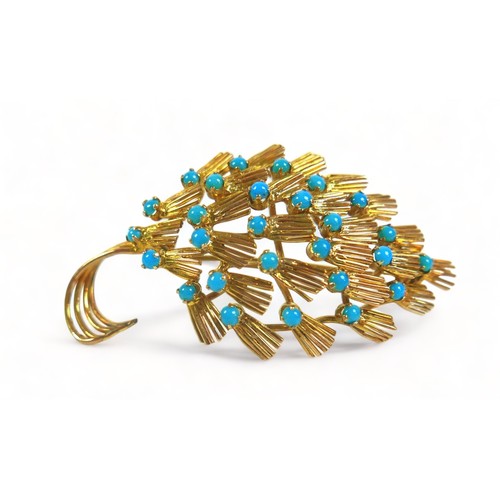 280 - A gilt metal turquoise brooch, 6 by 3cm, surface tests to approximately 9ct, 14.0g.