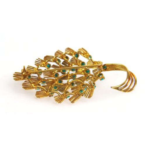 280 - A gilt metal turquoise brooch, 6 by 3cm, surface tests to approximately 9ct, 14.0g.