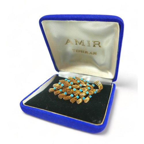 280 - A gilt metal turquoise brooch, 6 by 3cm, surface tests to approximately 9ct, 14.0g.