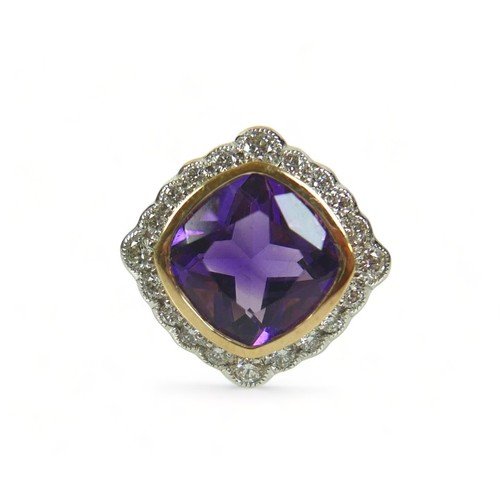 313 - A 9ct yellow gold amethyst and diamond ring, size M/N, head 14mm by 14mm, weight 3.7g.