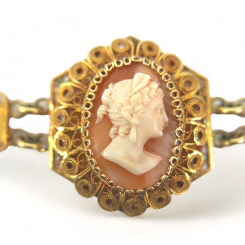 191 - A silver gilt cameo filigree bracelet and a gild metal cameo brooch, bracelet length 21.5cm, brooch ... 