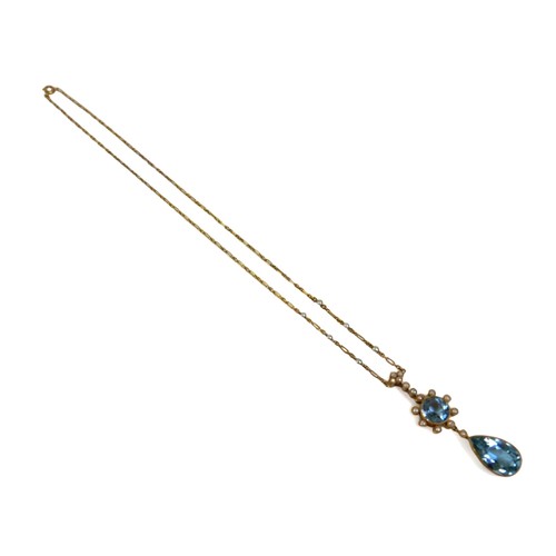 316 - A Belle Epoque style 15ct gold aquamarine and seed pearl necklace, the two different cut aquamarines... 