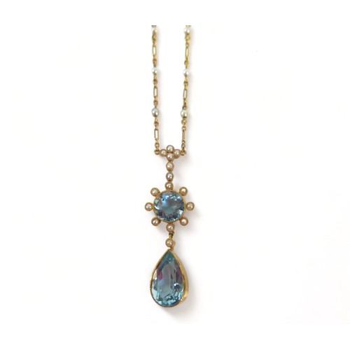 316 - A Belle Epoque style 15ct gold aquamarine and seed pearl necklace, the two different cut aquamarines... 