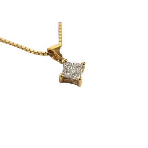 305 - An 18ct yellow gold and diamond pendant necklace, with four princess cut diamonds in a square, total... 