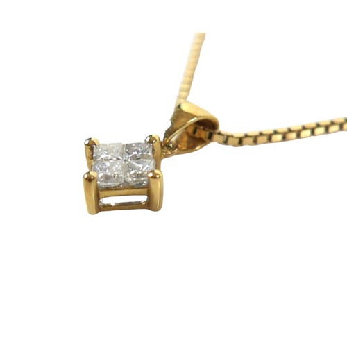 305 - An 18ct yellow gold and diamond pendant necklace, with four princess cut diamonds in a square, total... 