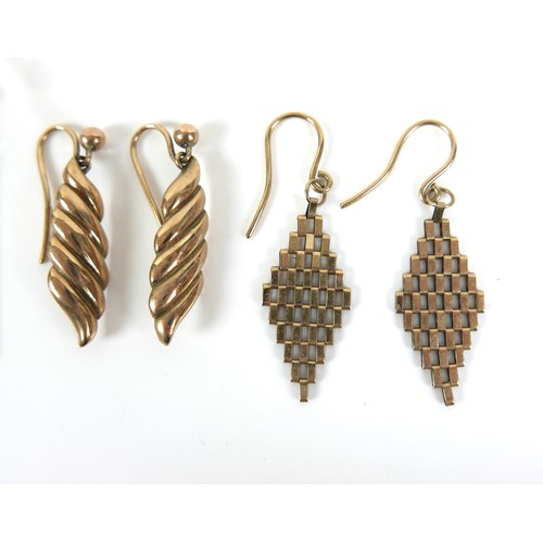 265 - A group of four pairs of 9ct yellow gold earrings, one pair of drop bar design, 38mm long, and a pai... 