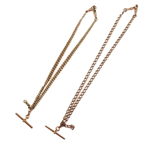 347 - Two 9ct gold double Albert fob chains, each with T bar and clasp at both ends, one yellow gold with ... 