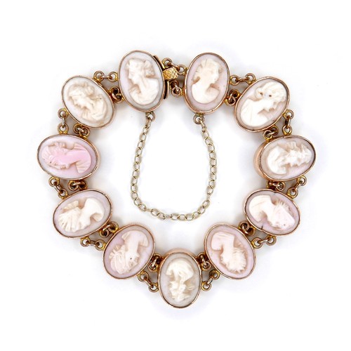 240 - A 9ct yellow gold cameo bracelet, formed of eleven ovals with carved portrait profiles, each 10 by 1... 