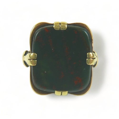 205 - A 14ct 585 yellow gold bloodstone signet ring, size P, weight  6.8 grams, head 19mm by 17mm.