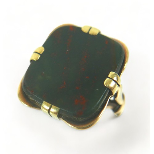 205 - A 14ct 585 yellow gold bloodstone signet ring, size P, weight  6.8 grams, head 19mm by 17mm.