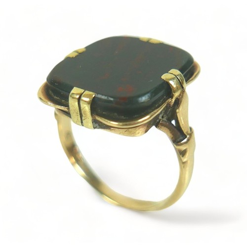 205 - A 14ct 585 yellow gold bloodstone signet ring, size P, weight  6.8 grams, head 19mm by 17mm.