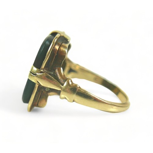 205 - A 14ct 585 yellow gold bloodstone signet ring, size P, weight  6.8 grams, head 19mm by 17mm.