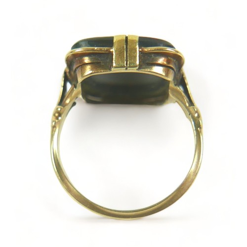 205 - A 14ct 585 yellow gold bloodstone signet ring, size P, weight  6.8 grams, head 19mm by 17mm.