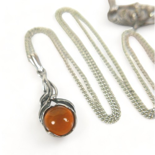 201 - A silver chain with an amber cabochon pendent plus miscellaneous marcasite vintage jewellery, to inc... 