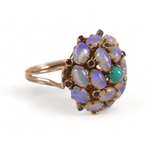 254 - A 14ct yellow gold opal, turquoise and garnet cluster ring, size O, 6.2 grams.