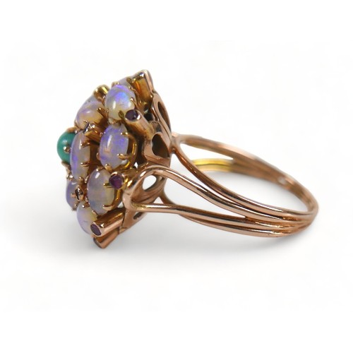 254 - A 14ct yellow gold opal, turquoise and garnet cluster ring, size O, 6.2 grams.