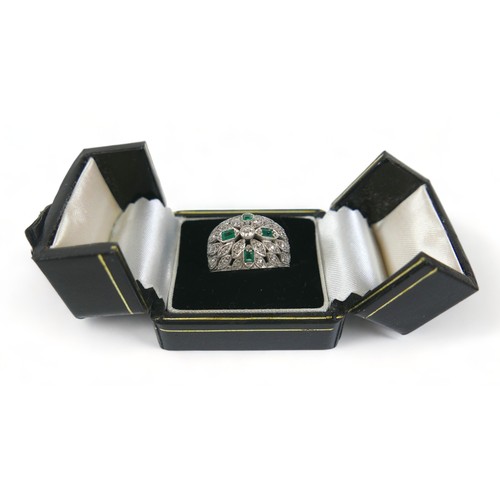 326 - An 18ct white gold emerald and diamond cluster ring, with 18ct white gold band and platinum setting,... 