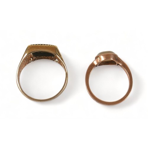 194 - Two 9ct gold rings, comprising a signet ring inset with square cut dark hardstone, size P/Q, 3.9g, t... 