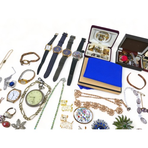 158 - A collection of costume jewellery, including bracelets, rings, watches necklaces, a Tonbridgeware je... 