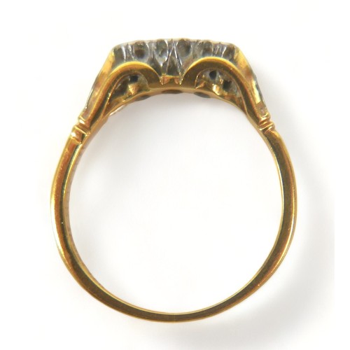 187 - An 18ct yellow gold ring, illusion set with three small diamonds, 4mm at widest, size L, 2.4g, toget... 