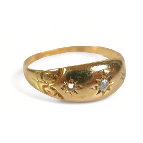 188 - An 18ct yellow gold gypsy ring, set with two (missing one) small diamonds, largest 2.5mm, size O/P, ... 