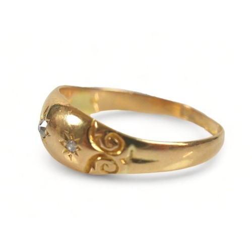 188 - An 18ct yellow gold gypsy ring, set with two (missing one) small diamonds, largest 2.5mm, size O/P, ... 