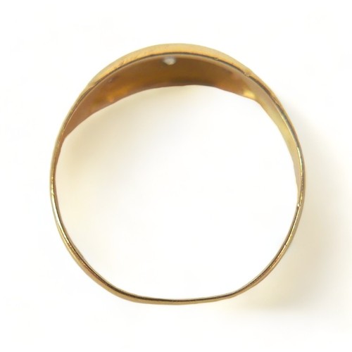 188 - An 18ct yellow gold gypsy ring, set with two (missing one) small diamonds, largest 2.5mm, size O/P, ... 