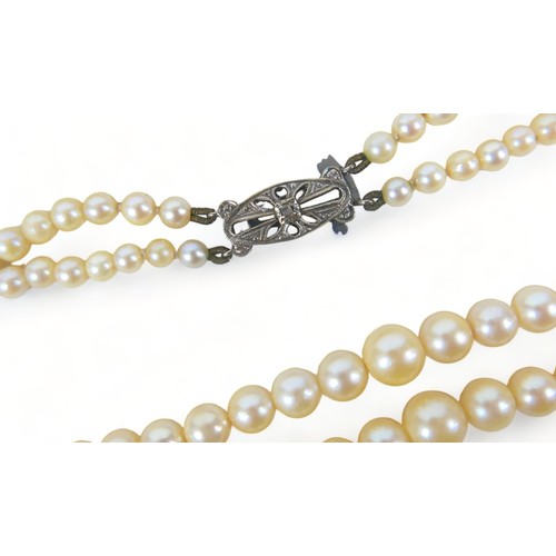 310 - A two-strand set of graduated pearls, the clasp set with a single diamond, the pearls ranging in siz... 