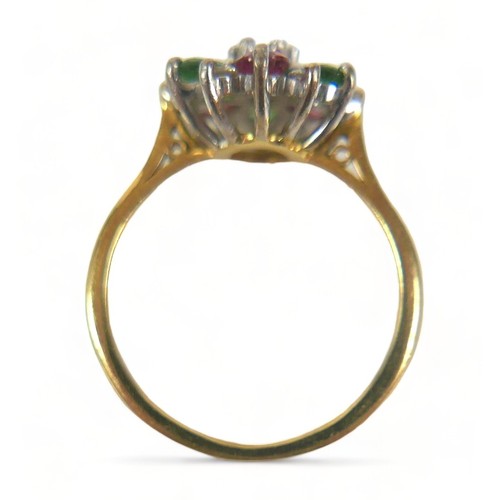 335 - An 18ct gold, diamond and tourmaline thirteen-stone flowerhead cluster ring, the central brilliant c... 