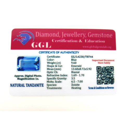 189 - A 9 carat loose emerald-cut blue tanzanite stone, heat treated, with certificate.