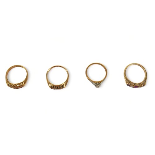 279 - Four various 18ct gold dress rings, comprising a diamond solitaire ring with platinum setting, round... 