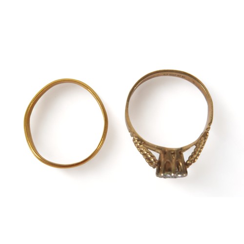 183 - Two dress rings, comprising a yellow metal band, with rubbed markings, size j/k, 1.6g, a/f, together... 