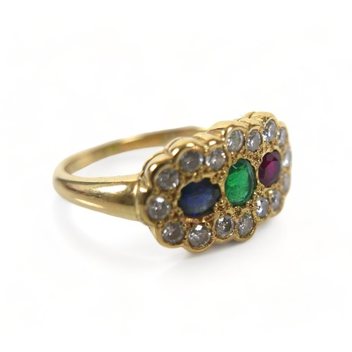 253 - A group of three rings, comprising an 18ct gold five stone, diamond and ruby ring, 2.6g, an 18ct gol... 