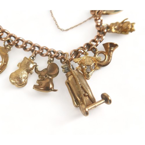 341 - A 9ct gold charm bracelet, fitted with heart shaped padlock clasp, kerb links, and sixteen charms, i... 