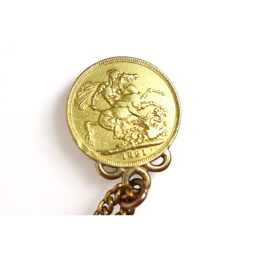 352 - A George IIII gold sovereign, 1821, fitted with a ring to an 18ct gold kerb link chain, with occasio... 