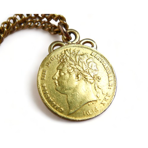 352 - A George IIII gold sovereign, 1821, fitted with a ring to an 18ct gold kerb link chain, with occasio... 