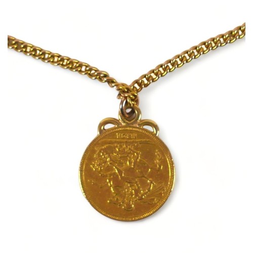 352 - A George IIII gold sovereign, 1821, fitted with a ring to an 18ct gold kerb link chain, with occasio... 