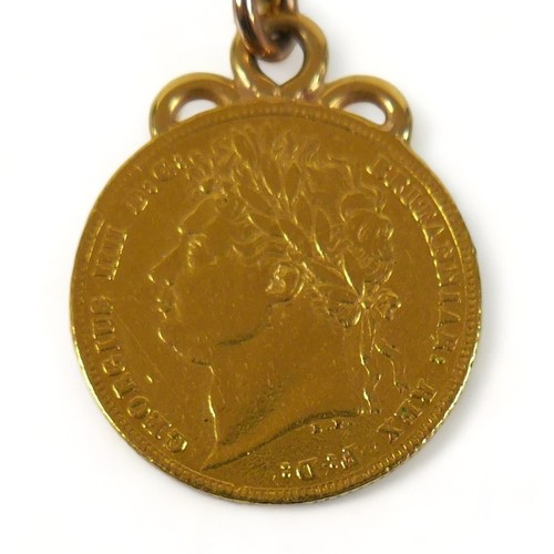 352 - A George IIII gold sovereign, 1821, fitted with a ring to an 18ct gold kerb link chain, with occasio... 