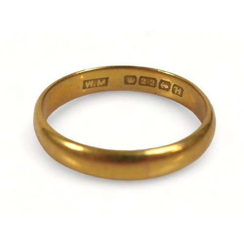 250 - A 22ct gold band, size N, 3.3g.