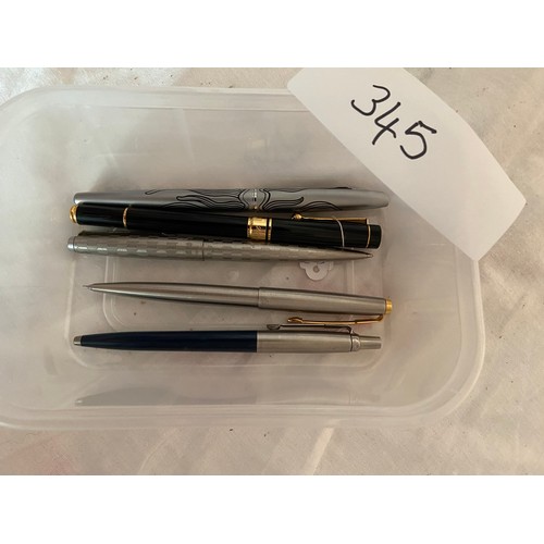 345 - 4 Ball point pens and 1 parker propelling pencil