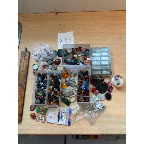 486 - Cameos, stones, beads, decanter, labels, crystal drops